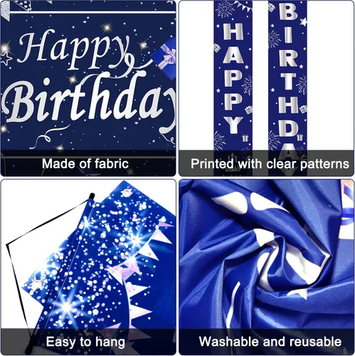 Miniatura 5 de Decoraciones de cumpleaños azules y plateadas, decoraciones de fiesta de cumpleaños para hombres, niños, mujeres y niñas, con pancarta de feliz