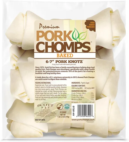 Miniatura 10 de Pork Chomps Masticable para perros de piel de cerdo al horno, nudo de 11 pulgadas, 1 unidad