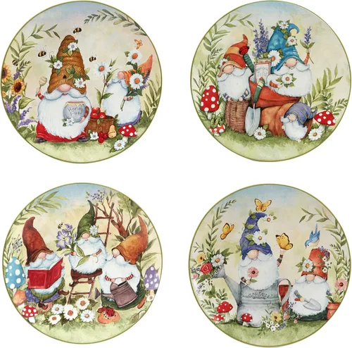 Certified International Garden Gnomes - Platos llanos de 11 pulgadas, diseños surtidos, grandes, multicolor, juego de 4
