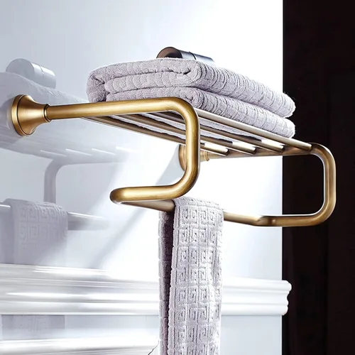 Miniatura 2 de Toallero de doble capa con toallero, toallero de latón antiguo montado en la pared, estante organizador de almacenamiento de baño europeo moderno