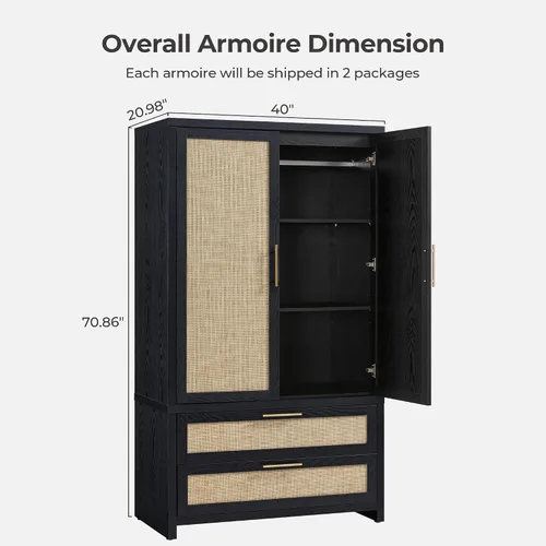 Miniatura 2 de SICOTAS Armario Ropero Gabinete de Ratán, Gabinete de Almacenamiento de 71" con Puertas, 2 Cajones y Barra Colgante, Organizador de Ropa Boho Roble