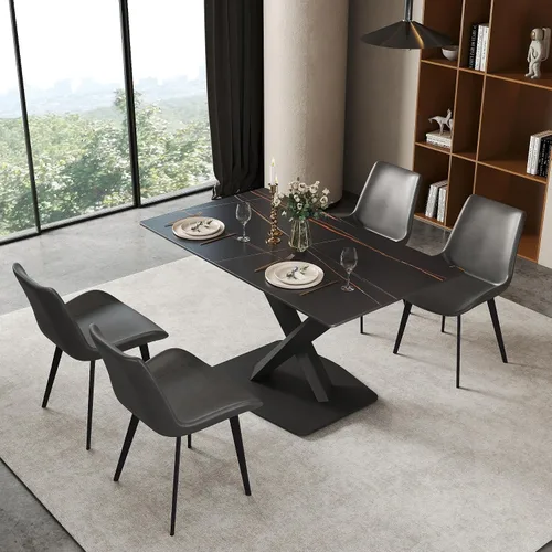 Miniatura 17 de Mesa de comedor moderna, mesa de comedor de piedra sinterizada blanca antigua con base de acero al carbono sólido en forma de X, mesa de comedor