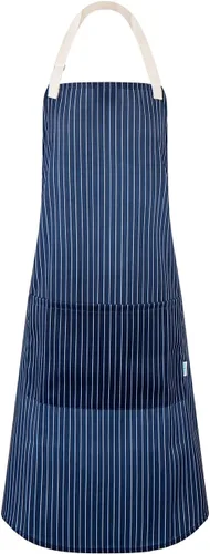 Adjustable Bib Apron for Women Men, 80% Cotton Striped Cooking Apron with Large Pocket, Water Repellent