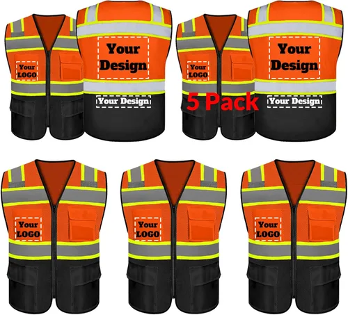 Miniatura 28 de Chaleco de seguridad personalizable con logotipo con 5 bolsillos y cremallera reflectante de alta visibilidad clase 2 ropa de trabajo al aire libre