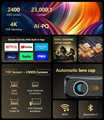 Miniatura 9 de Proyector inteligente ANSI 2400 4K【Netflix】, MEMC, DD+ 70W Dolby ,HDMI eARC, 64GB, WiFi 6, AI-PQ, enfoque automático/Keystone, Copa del Mundo TV