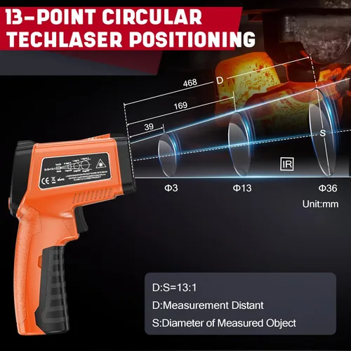 Miniatura 7 de Pistola de Termómetro Infrarrojo, Pistola de Temperatura Digital Láser sin Contacto, -58 °F a 1076 °F, Emisividad Ajustable y Valores Máx/Mín