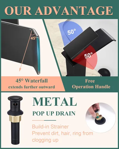 Miniatura 3 de Grifo de baño de cascada negro mate – Grifo de fregadero de acero inoxidable 304 de un solo orificio con drenaje desplegable de metal, diseño