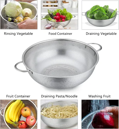 Miniatura 4 de P&P CHEF Colador de 3 coladores microperforados de acero inoxidable para drenar y enjuagar, ideal para pasta, verduras, frutas, resistente y apto