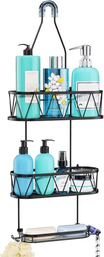 HapiRm Organizador de ducha colgante, resistente al óxido e impermeable, con soporte para jabón y 4 ganchos, estante de baño colgante sin Negro
