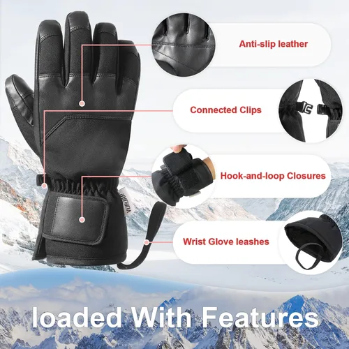 Miniatura 4 de Guantes de esquí para hombres y mujeres, guantes de nieve cálidos impermeables para clima frío, guantes de snowboard para pantalla táctil