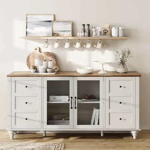 Miniatura 3 de WAMPAT Aparadores Buffet con Puerta de Vidrio, Gabinetes de Almacenamiento de Cocina, Mesas de Bar de Café de Madera, Mesa de Gabinete de Blanco