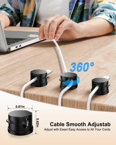 Miniatura 3 de OneLeaf Paquete de 12 clips de cable de resorte giratorios de 360° [1s bloqueo], soporte de cable adhesivo para mesita de noche, soporte de cable