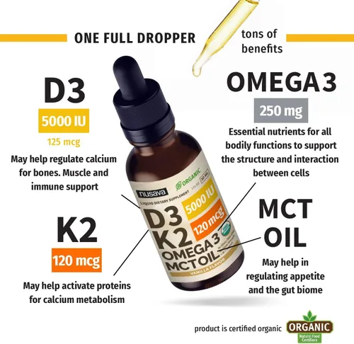 Miniatura 4 de NUSAVA Paquete de gotas líquidas D3 K2 con sabor a fresa y gotas líquidas D3 K2 con sabor a vainilla, potentes vitaminas líquidas para corazón