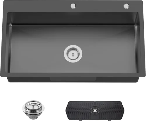 Miniatura 17 de Fregadero Negro de Cocina y Bar, Fregadero de Cocina de Acero Inoxidable de 15 x 17 Pulgadas para Empotrar, Fregadero de Bar Moderno de Un Solo