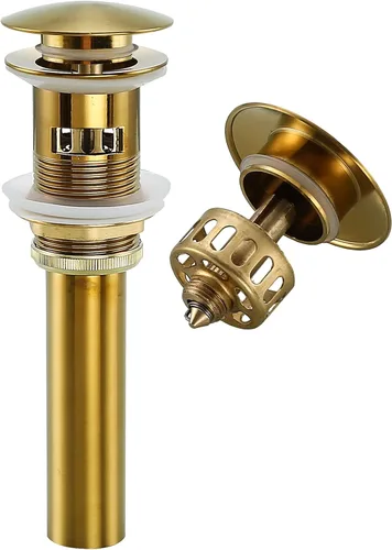 Miniatura 13 de Desagüe desplegable para lavabo de baño con desbordamiento, tapón de tocador de lavabo dorado oscuro cepillado, tapón de estilo rebote de latón