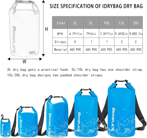 Miniatura 4 de IDRYBAG Bolsa seca para kayak impermeable 2L/5L/10L/15L/20L, pequeña bolsa impermeable para navegación Azul claro