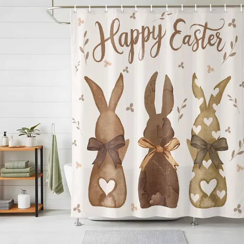 Miniatura 2 de LooPoP Cortina de ducha de Pascua con ganchos, tela impermeable, diseño de flores, zanahoria, conejo, juego de cortinas de ducha para baño, bañeras