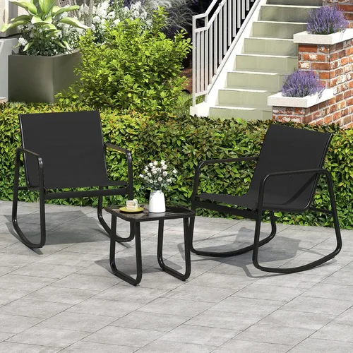 Miniatura 3 de HAPPYGRILL Juego de 3 piezas de bistró para patio con mesa superior de vidrio, sillas mecedoras de bistró, juego de muebles de patio pequeños, juego
