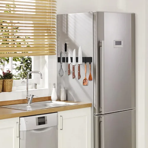 Miniatura 5 de Tira magnética negra para cuchillos para refrigerador, soporte magnético de acero inoxidable de doble cara de 17 pulgadas con ganchos
