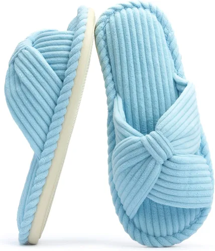 Miniatura 13 de Chantomoo Pantuflas para mujer, de espuma viscoelástica, para el hogar, dormitorio, baño, spa, puntera abierta, con lazo de pana, acogedoras