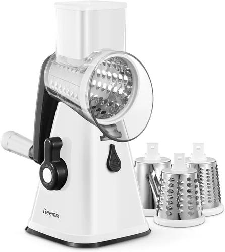 Reemix - Rallador rotativo de queso con asa, triturador de queso vegetal para cocina, 3 cuchillas intercambiables para queso, papa, calabacín, Blanco