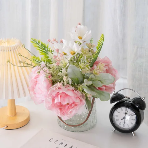 Miniatura 5 de KIRIFLY Flores artificiales falsas en jarrón, centros de mesa de seda de peonía sintética para decoración de mesa de boda (rosa en vidrio)