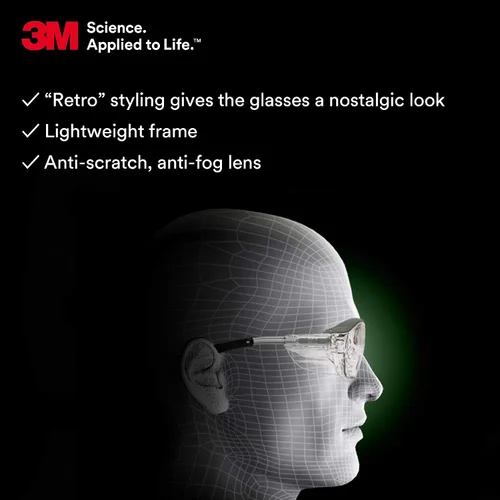 Miniatura 4 de 3M Gafas de seguridad, Nuvo, 1 par, ANSI Z87, lente transparente antiniebla, montura gris retro, puente de nariz suave, barra de cejas integral