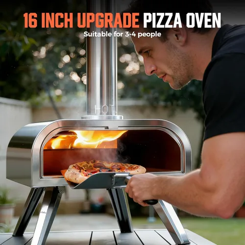 Miniatura 11 de BIG HORN OUTDOORS 16" Horno de piedra para pizza con leña, cocinador de pizza al aire libre de acero inoxidable 1112°F, portátil