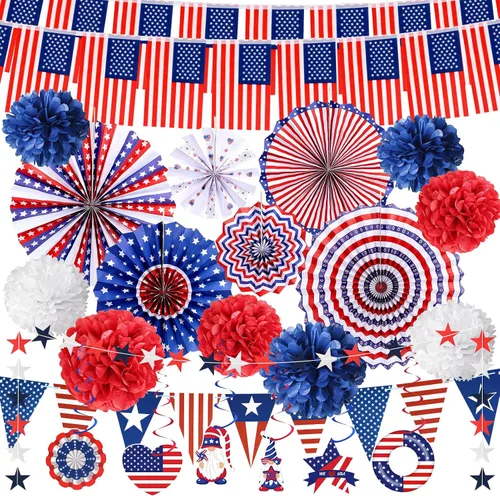 34 piezas de decoraciones del 4 de julio, suministros para fiesta del 4 de julio, pancarta de estrellas de la bandera de Estados Unidos, accesorios