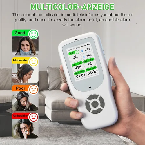 Miniatura 5 de Monitor de calidad del aire interior 9 en 1, probador portátil de calidad del aire para PM1.0, PM2.5, PM10, CO2, TVOC, HCHO, AQI, temperatura