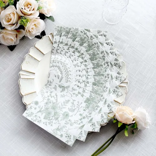 Miniatura 7 de Efavormart - Paquete de 20 servilletas de papel con estampado floral blanco y verde salvia, altamente absorbentes, suaves, de 2 capas, desechables