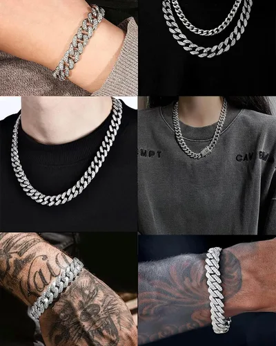 Miniatura 3 de 2 collares cubanos de cadena cubana de 0.59 pulgadas (0.591 in), pulsera cubana de plata con purpurina de diamantes de rap hip-hop, collar