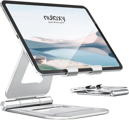 Nulaxy Soporte plegable doble de aluminio para iPad, soporte para tableta de escritorio totalmente ajustable, accesorios para tableta de oficina