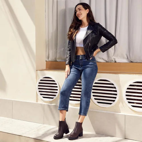 Miniatura 4 de JABASIC Botines Chelsea para mujer, tacón bajo y grueso, con plataforma elástica, sin cordones