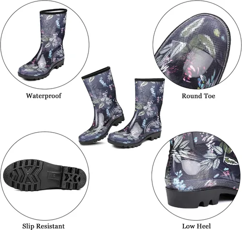 Miniatura 27 de DKSUKO Waterproof Womens Rain Boots insulated,Lightweight Rubber fashion Boots in Gardening,Warm and Comfortable Wide Calf Rain Boots with Glossy in