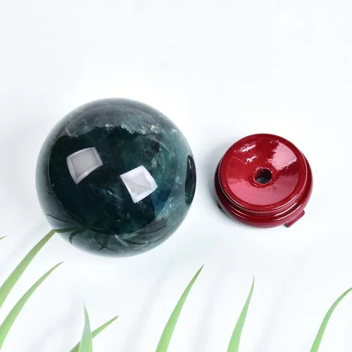 Miniatura 3 de JIC Gem Gran esfera de cristal de cuarzo verde con fluorita verde, gema curativa esférica para meditación, con soporte decorativo de madera