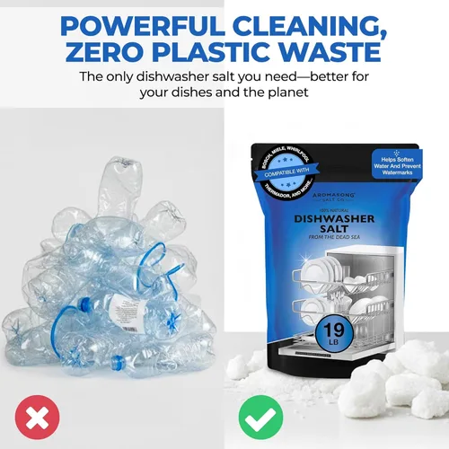 Miniatura 6 de Aromasong Sal para lavavajillas de 19 libras, agente suavizante de agua 100% natural para platos más limpios y reactivación de lavadora. Compatible