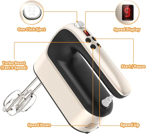 Miniatura 2 de Yomelo Batidora de mano digital de 9 velocidades, potente motor de CC de 400 W, batidora de mano eléctrica de mano con estuche de almacenamiento a