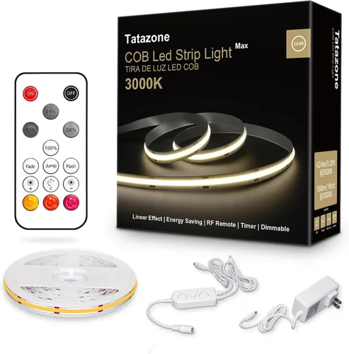 Miniatura 11 de Tatazone Tira de luces LED COB blancas Max con control remoto RF, 16.4 pies 2700K CRI93+ regulable, tira de luz COB blanca cálida ultra brillante
