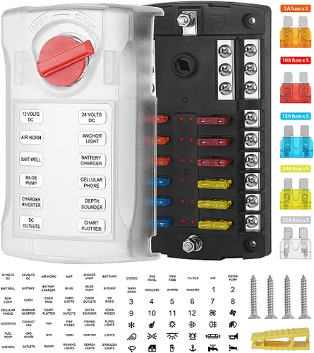 Caja portafusibles de 12 vías de 12-32 V con indicador de advertencia LED, cubierta a prueba de humedad, con soporte de barra colectora negativa,