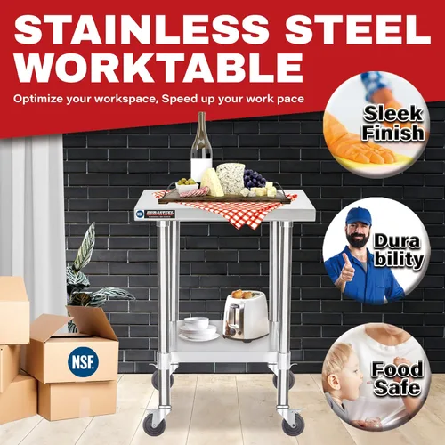 Miniatura 3 de DuraSteel 24x24 NSF Mesa de trabajo en carro de acero inoxidable - Mesa de preparación de alimentos resistente con ruedas - Carro utilitario