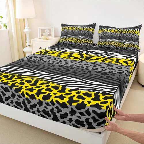 Miniatura 27 de Sábana bajera ajustable con estampado de leopardo, tamaño individual, juego de ropa de cama rústica con rayas de piel de cebra, decoración