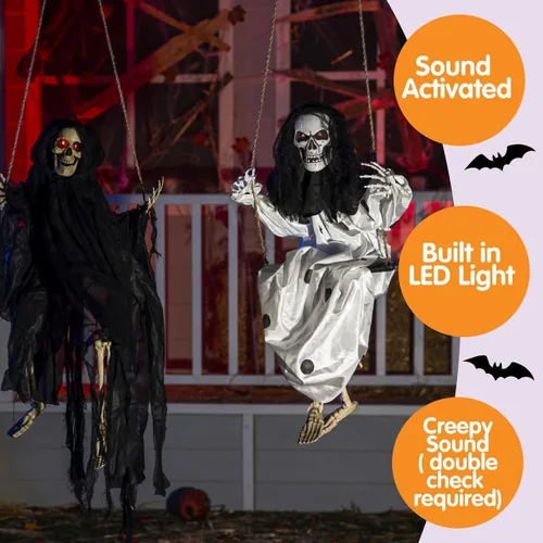 Miniatura 3 de JOYIN 2 piezas de decoración de fantasmas colgantes de Halloween al aire libre, decoración de Halloween con ojos iluminados, espeluznante esqueleto