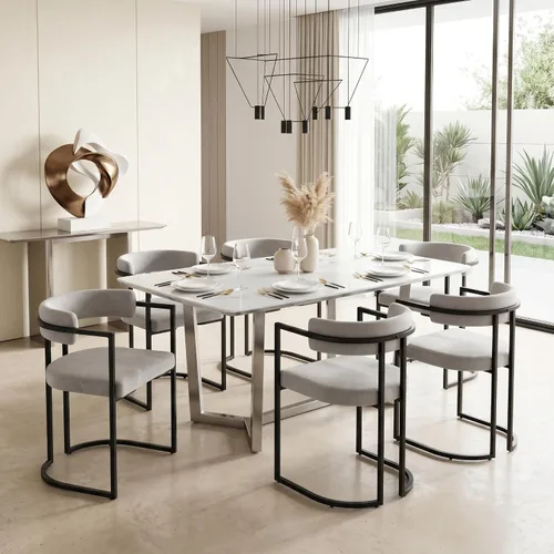 Miniatura 9 de Hyfirm Juego de 2 sillas de comedor de barril, modernas sillas tapizadas de comedor Belvet con reposabrazos y patas de metal dorado, silla de cocina