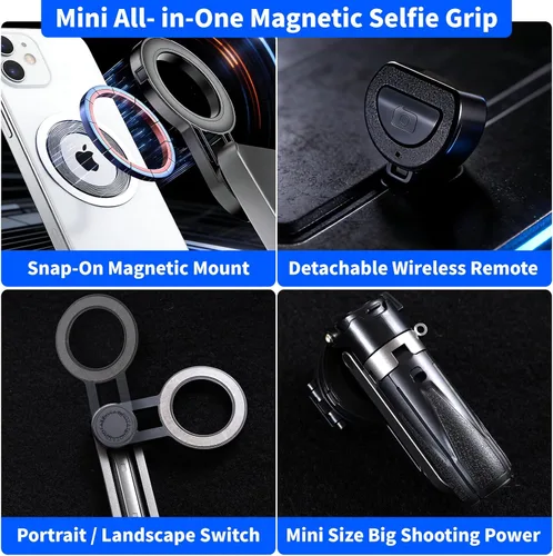 Miniatura 2 de Palo selfie magnético 4 en 1 para iPhone/Android, trípode extensible multifuncional de rotación de 360° con control remoto desmontable, soporte