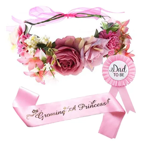 Miniatura 9 de Decoración de baby shower para niñas, tiara ajustable de corona de flores y banda de princesa creciendo, pin de papá, regalos de fiesta rosa