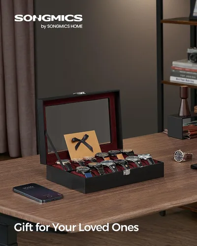 Miniatura 2 de SONGMICS Caja de reloj, caja de reloj de 12 ranuras con tapa de vidrio grande, almohadas extraíbles para reloj, organizador de caja de reloj, regalo