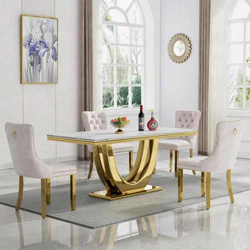 Miniatura 33 de Juego de mesa de comedor de mármol sintético, 7 piezas, juego de mesa de cocina y comedor para 6, mesa de comedor rectangular blanca de 70 pulgadas