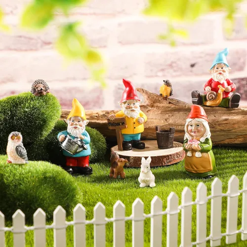 Jetec Juego de 10 piezas de mini gnomos de hada, estatua de jardín, gnomos de resina en miniatura, pintados a mano, ardilla, erizo, búho, pájaro y