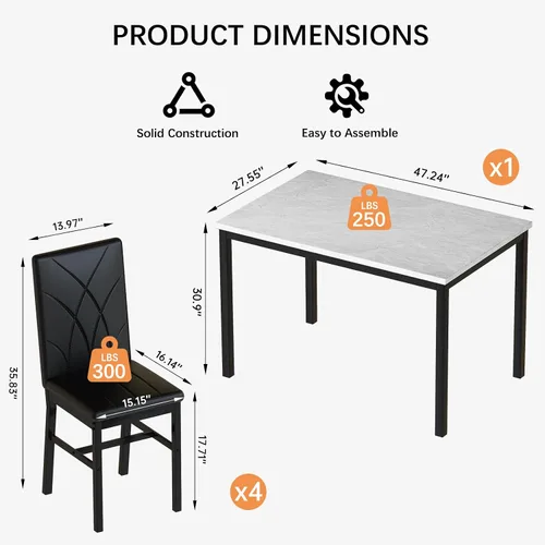 Miniatura 2 de Recaceik Juego de 4 sillas de mesa de comedor para 4, sillas de cocina de mármol sintético con patrón dinámico hacia arriba, mesa de cocina pequeña